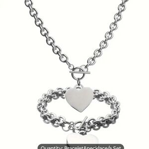 NWOT 1 Pc Necklace +1 Pc Bracelet Stainless Steel Jewelry Set With Glossy Heart
